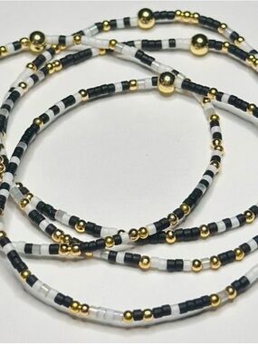 BramFam Beads 14k gold filled Black & White MiyukBead Bracelet with Gold Accents